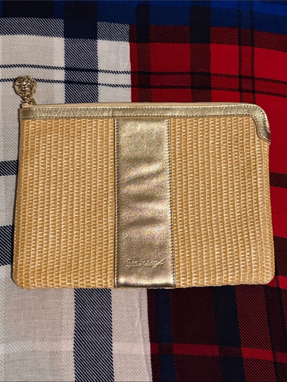 Lilly Pulitzer “Southside” Woven Straw & Metallic Gold Leather Clutch in EUC